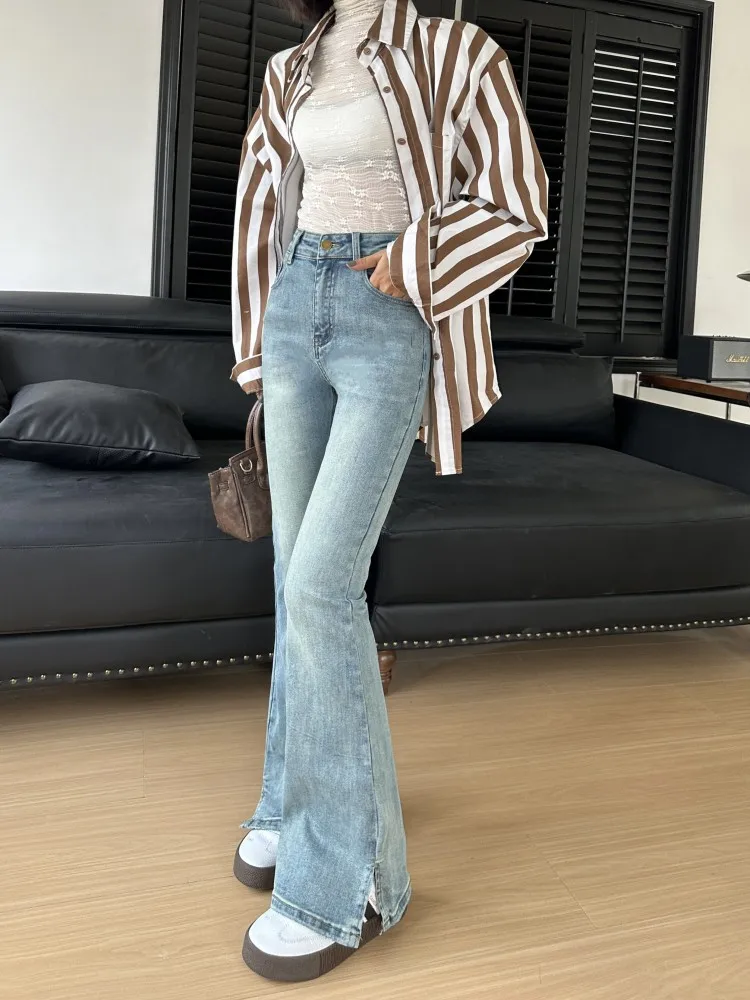 

Retro Washed Denim Pants For Women In Early Spring With Side Slit High Waisted Elastic Slim Fit And Wide Leg Micro Flared Pants