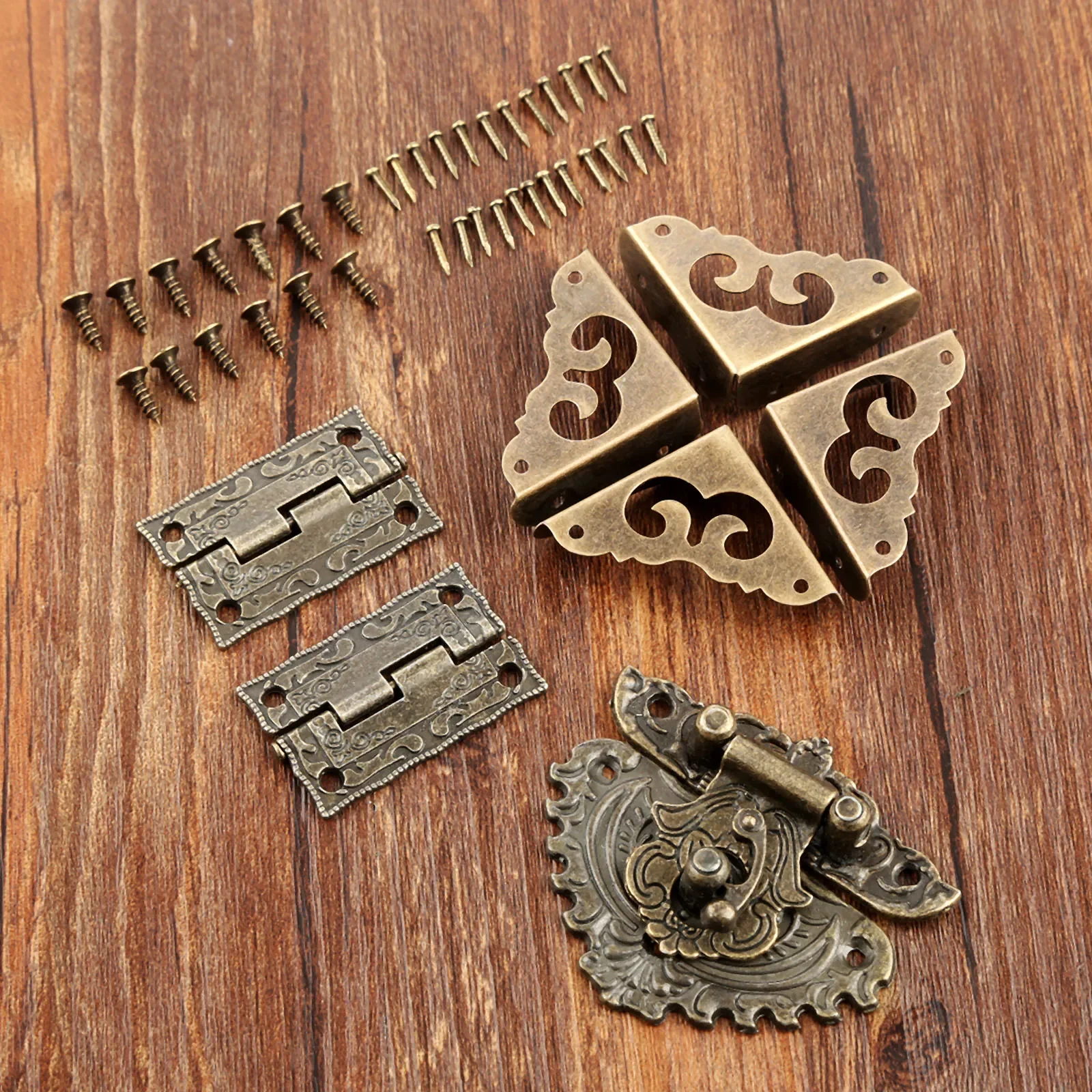 Furniture Hardware Toggle Latches Jewelry Box Hasps Decorative Latches 7pcs/set Antique Bronze Padlock Latch Hasp Hinge Corner Protectors