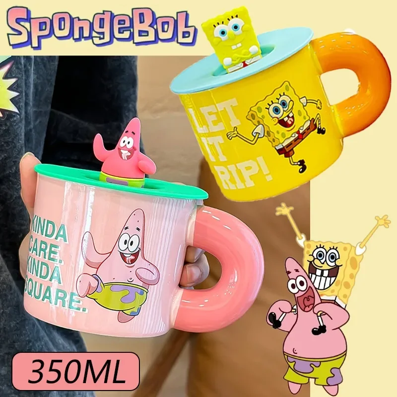 350Ml Spongebob Cup Cartoon Anime Ceramic Cup Office Coffee Tea Water Cups Kids Breakfast Milk Mug Con Coperchio Boy Birthday Gift