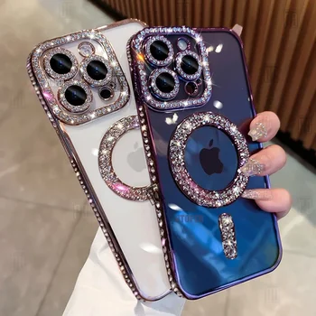 High-grade Glitter Rhinestones Phone Case For iPhone 16 15 11 12 13 14 Pro Max 16 Plus Magsafe Magnetic Clear Lens Protect Cover 1