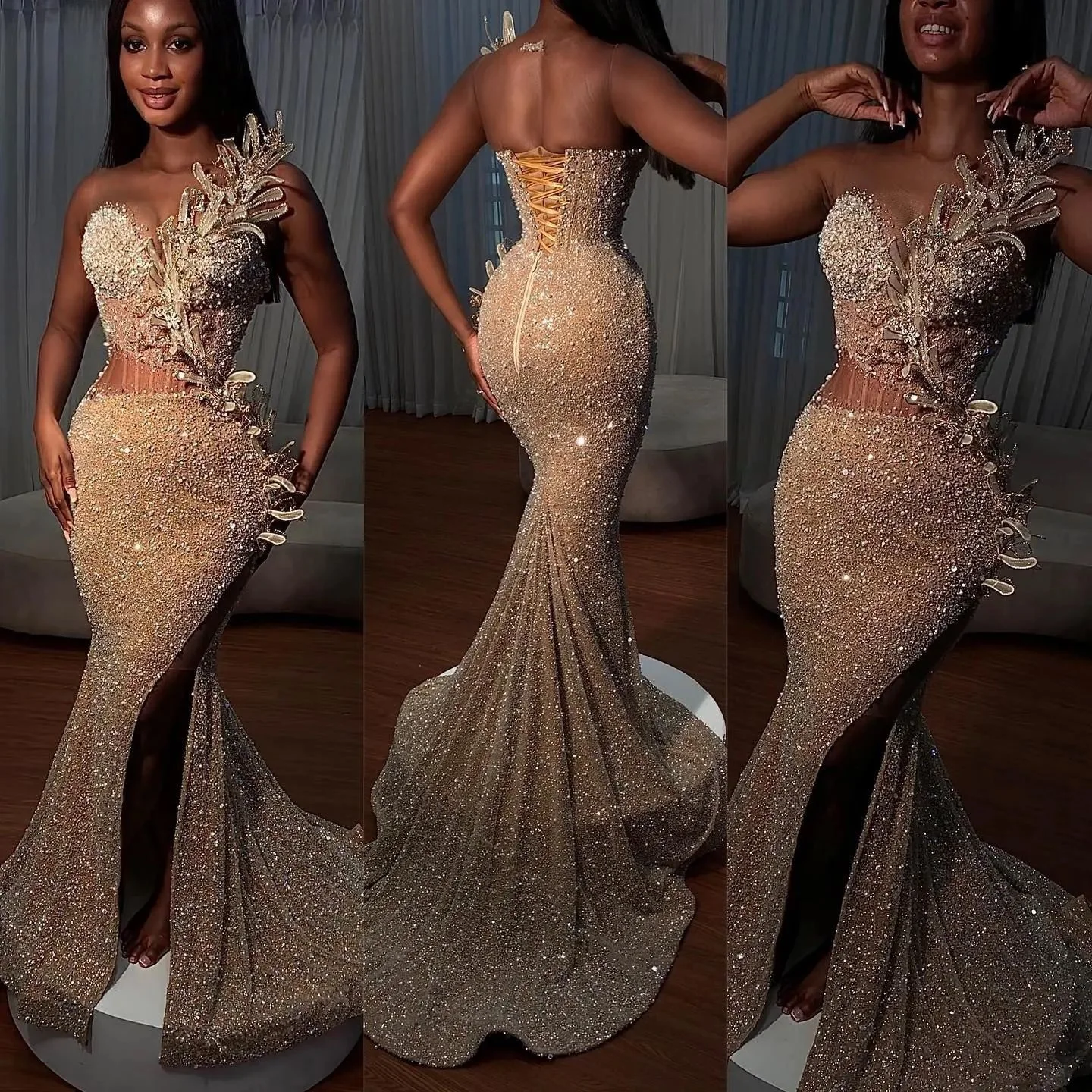 

Glitter Sequin Beaded Mermaid Prom Dress 2023 Long Split Sparkly Handmade Flowers Formal Evening Dresses Vestidos de noche