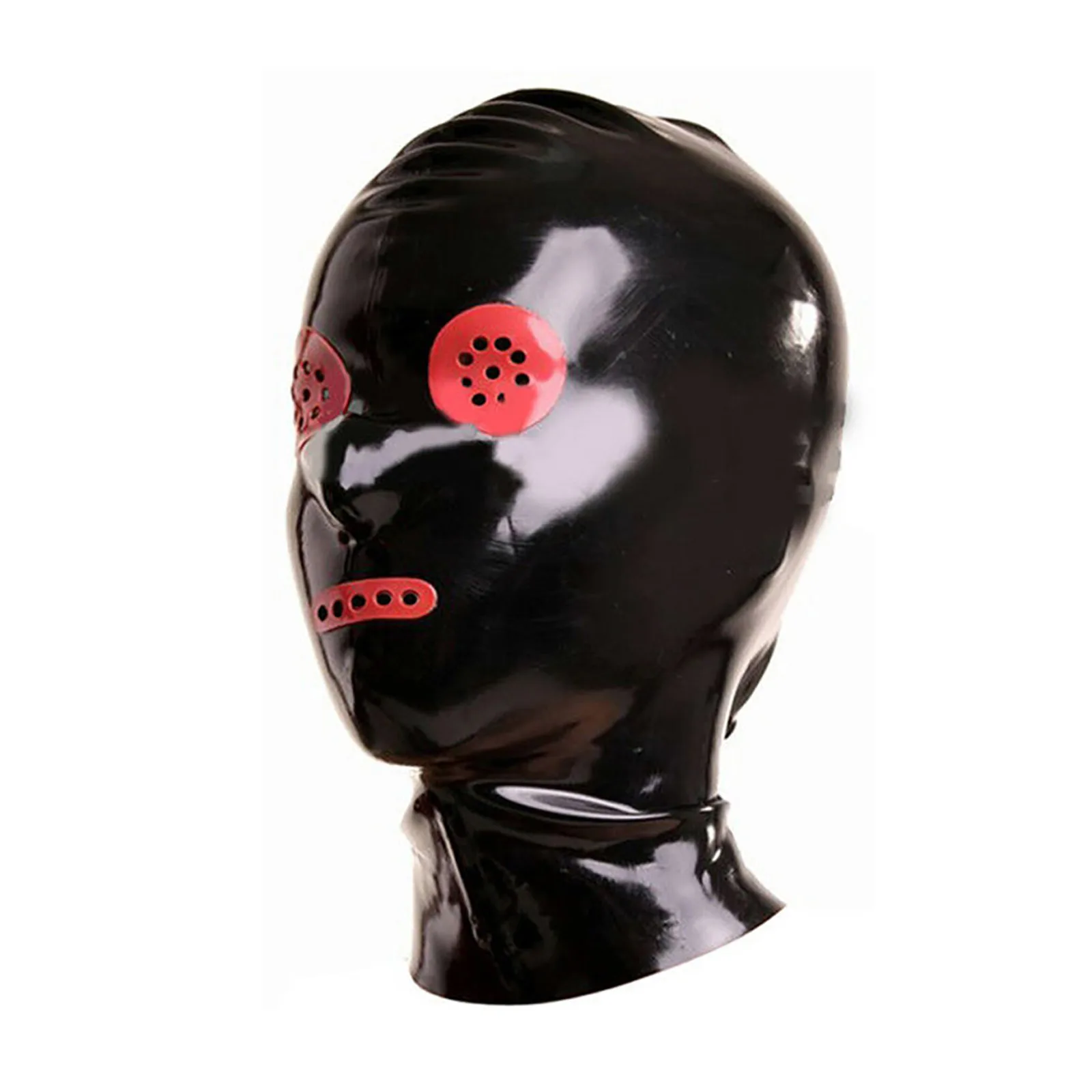 MONNIK Full Cover Latex Hood with Red Honeycomb Holes Mouth&Eyes and Rear Zipper Handmade Rubber Fetish Unisex Mask Clubwear monnik latex hood rubber hood contrast colored trim around face around eyes