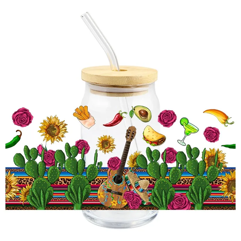 3D UV DTF Wrap Transfer Stickers Plants Cactus Design Colorful Decal Waterproof Wrap For Glasses Cups Mugs DIY Decal