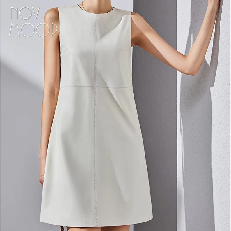 

Novmoop genuine leather women dress French simple chic style solid color easy to wear formal event garment LT3603