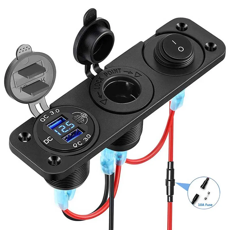 Qc3.0 Usb Car Charger Socket Panel Aluminum 12v/24v Dual Usb Fast
