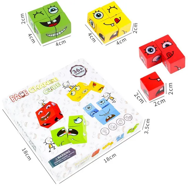 Kids Educational Game Montessori Toy Expression Puzzle Face Change Cube Wood Building Blocks Family Party Toys 6