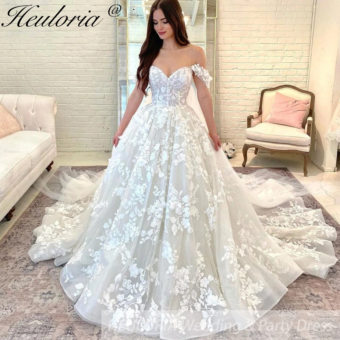 

HEULORIA Princess Ball Gown Wedding Dress off shoulde bride dress plus size robe de mariee Lace beading Wedding Gown court train