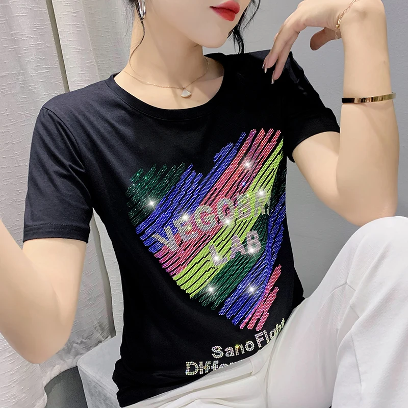 

Black Summer Korean Clothes T-Shirt Chic Sexy Love Shiny Colours Diamonds Women Tops Short Sleeve Hand Made Tees 2024 New 43141