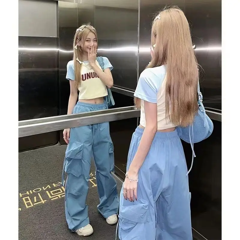Blue Sweet Embroidered Casual Trousers Women Japanese Versatile Trend Summer High Waist Loose Multi Pocket Wide Leg Cargo Pants