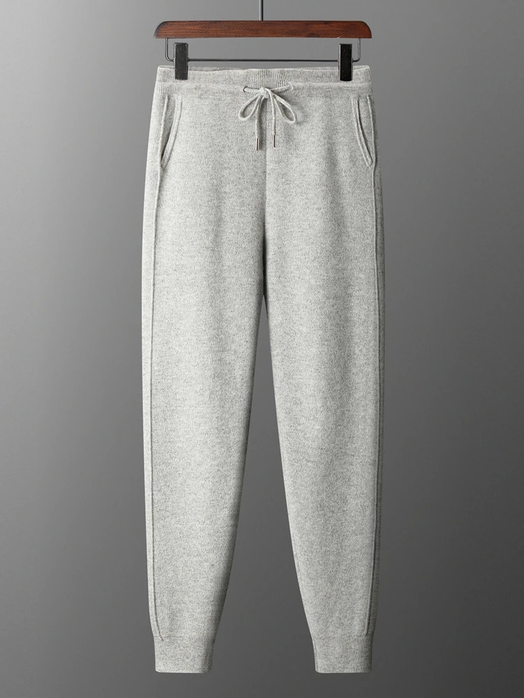 Men's Pants autumn and Winter Thickened High 100% Merino Wool Waisted Small Leg Pants Casual Business Knitted Sweatpants Warm 3