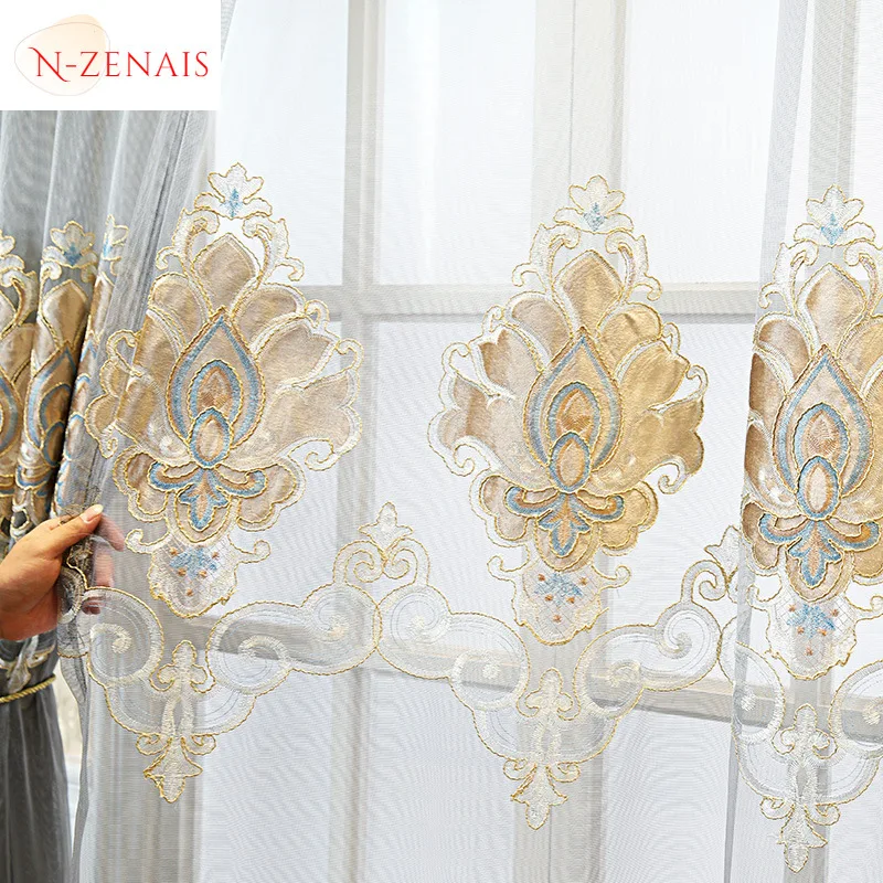 

European Luxury Embroidery Grey Tulle Curtains for Living Room Bedroom Dining Simple Modern Window Screen Sheer Decor Elegant
