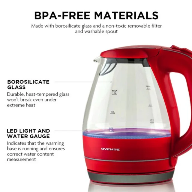 OVENTE Electric Glass Kettle Hot Water Boiler 1.8 Liter BPA Free