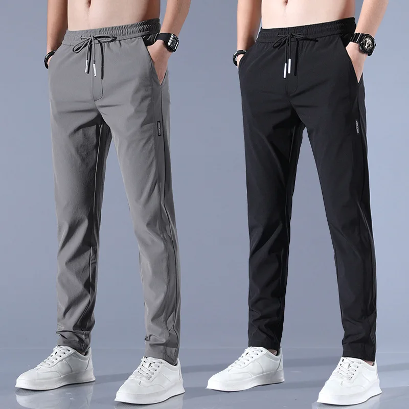 

Men's Ice Silk Long Thin Pants Trousers Solid Mid-Waist Loose Breathable Straight-Leg Casual Pants Quick-Drying Sports Pants