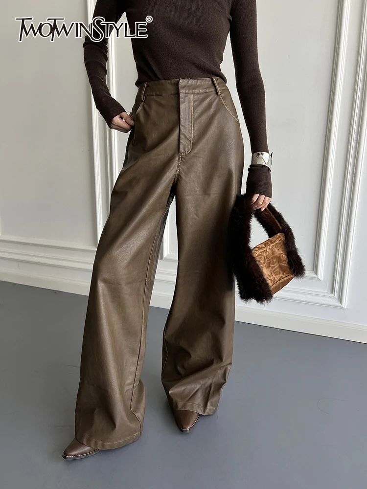 

TWOTWINSTYLE Solid Loose Casual Straight Leather Pant For Women High Waist Patchwork Pocket Wide Leg Pants Female Fashion Style