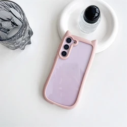 Korean Cute Candy Color 3D Cat Ears Transparent Kawaii Shockproof Phone Case for Samsung S24plus (Pink)
