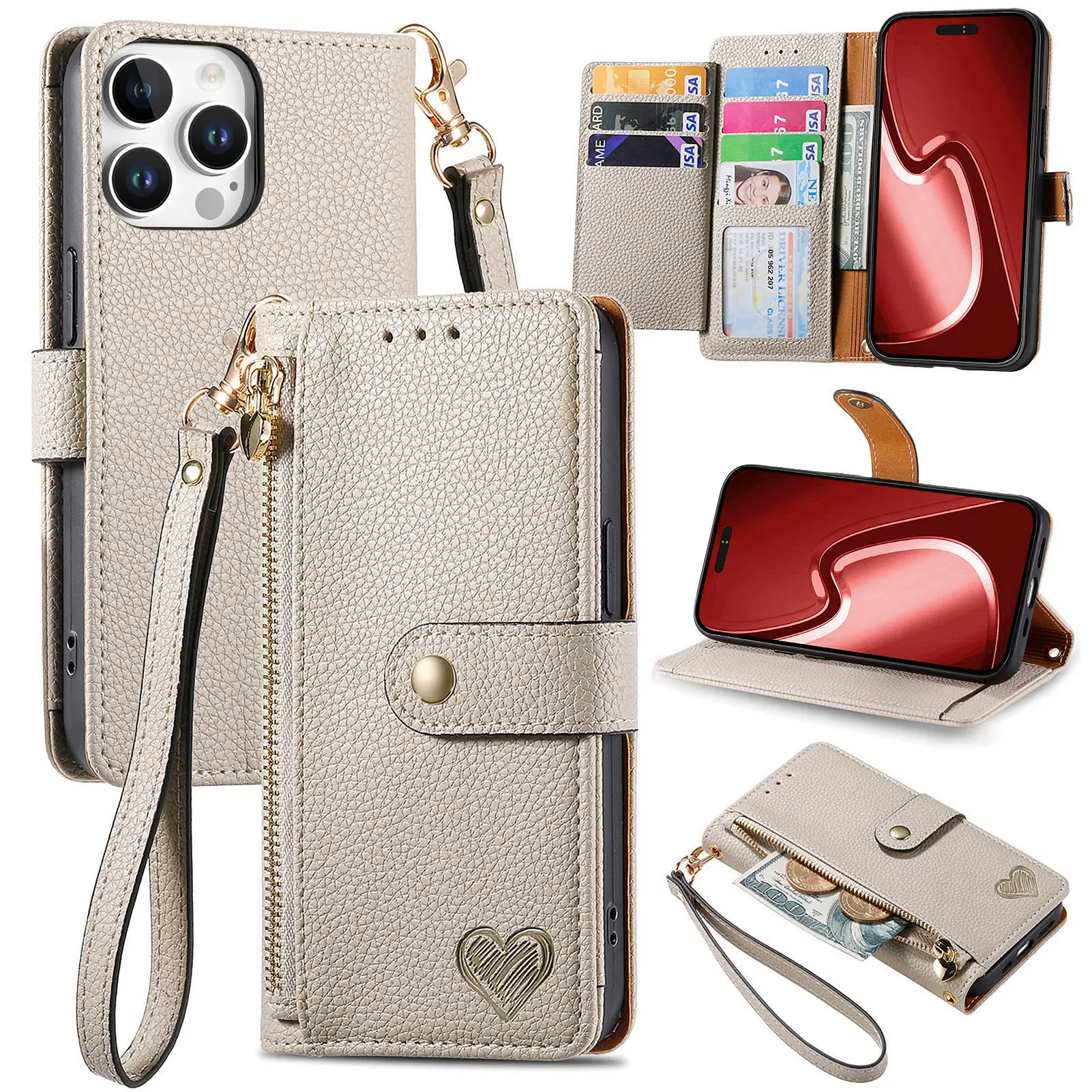 Versatile Kickstand Crossbody Wallet Case with Lanyard and Wrist Strap Featuring Card Holder Protection