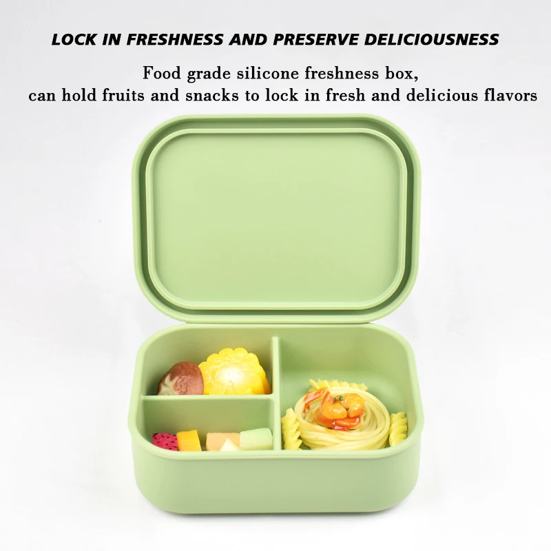 Silicone 3-Lattice Lunch Box Food Grade BPA Free Microwave Bento Box cold storage Safe Lunch Snack & Food Container With cover