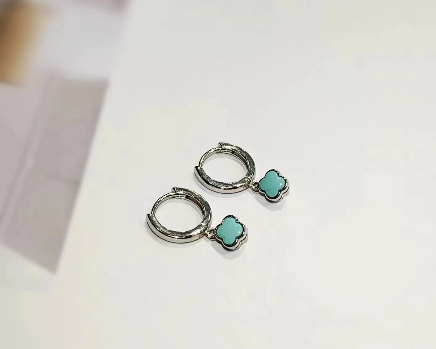 

S925 Silver Turquoise Lucky Clover Earrings Fashion Delicate Compact Ear Buckle Stud Earrings