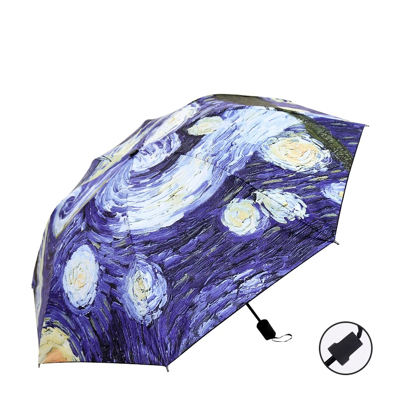 High Quality Folding Umbrella Female Windproof Paraguas Van Gogh Oil Painting Umbrella Rain Women Black Coating Parasol