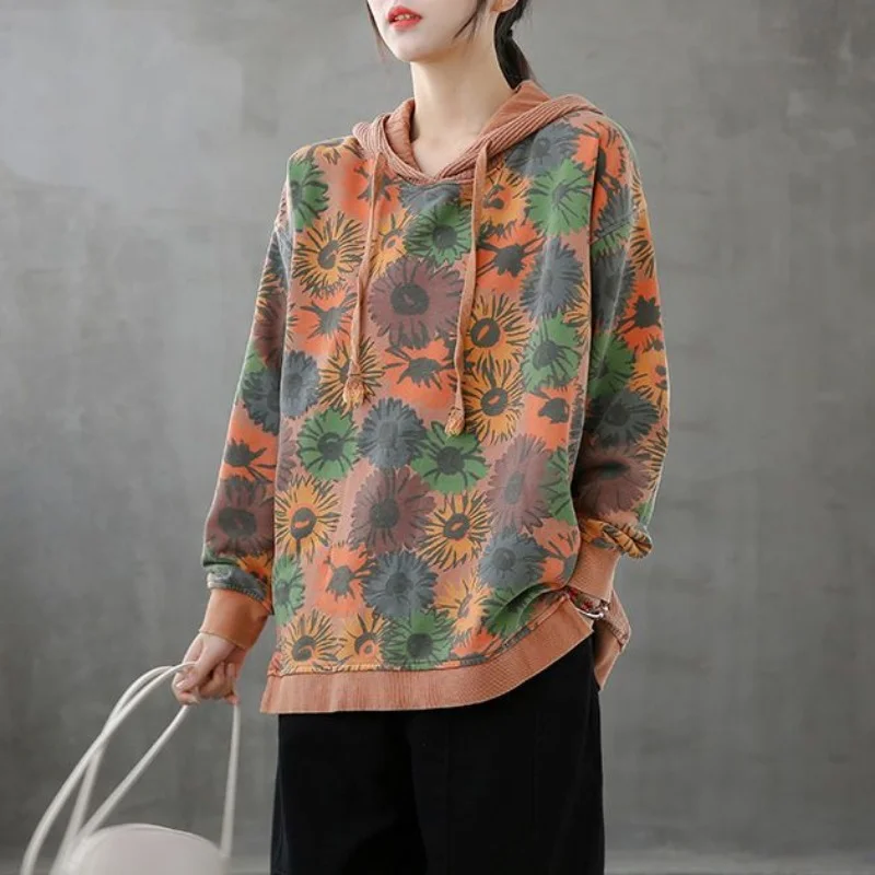 

Stylish Vintage Floral Hoodies Long Sleeve Tops Spring Summer Women's Clothing Casual Female Loose All-match Printed Sweatshirts