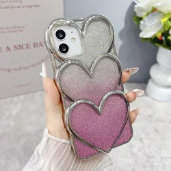Luxury Glitter 3D Love Heart Phone Case - Clear Plating Shockproof Protective Back Cover - iPhone 12 Pro Max (Silvery - Rose Pink)