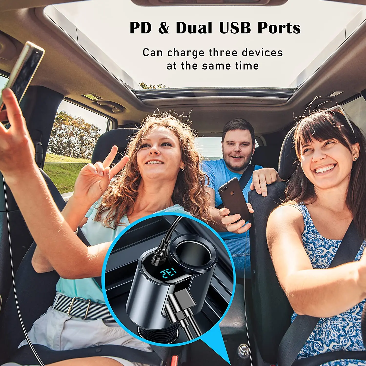 New Car Charger Lighter Adapter 4 in 1 Car Cigarette Splitter Type C Dual USB Po