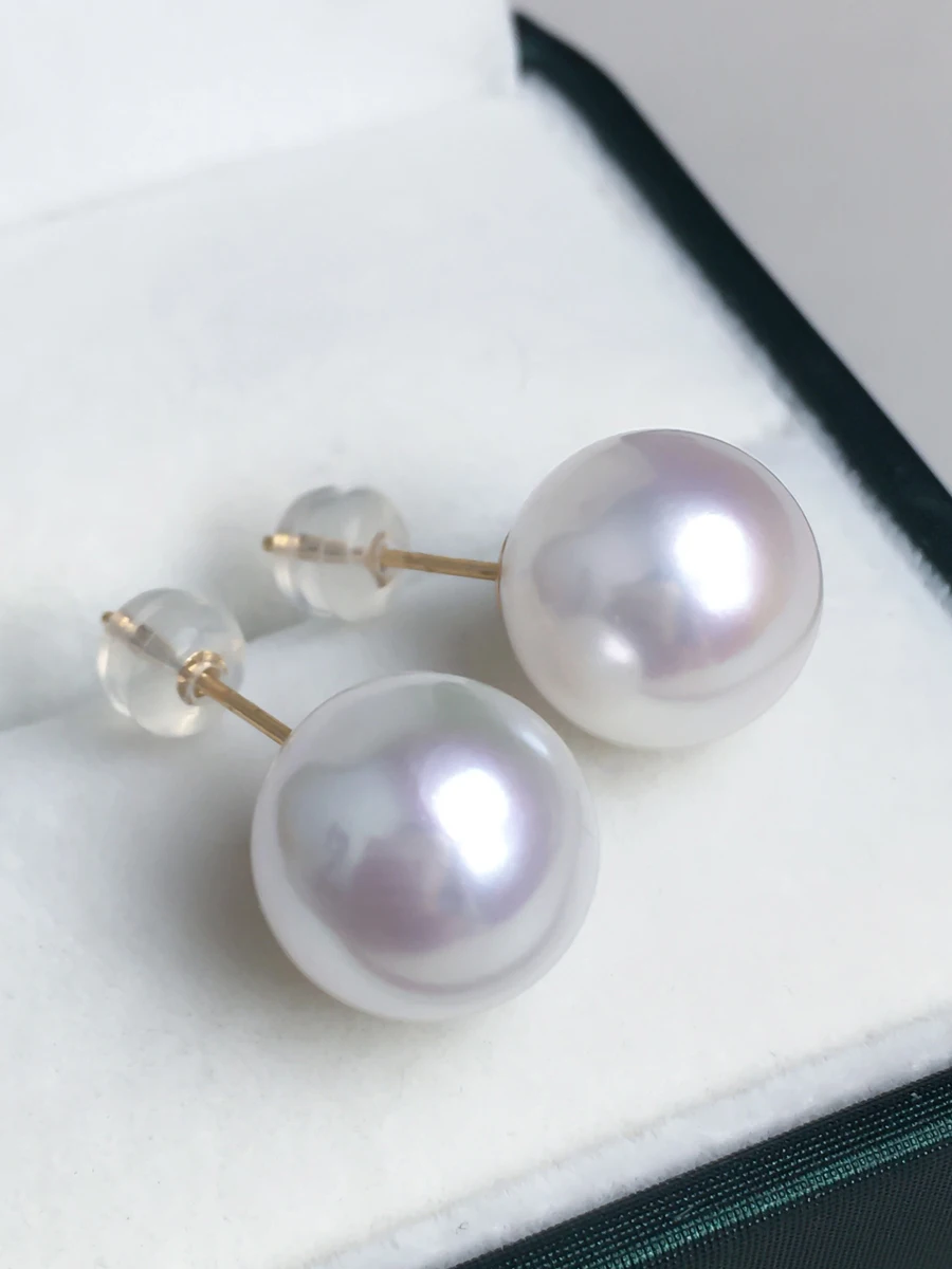 

Gorgeous AAAA+++ Japan Akoya Round 10-11mm 11-12mm White Pearl Nice Stud Earrings S925 14k P Yellow Gold Gift Box Free Shipping