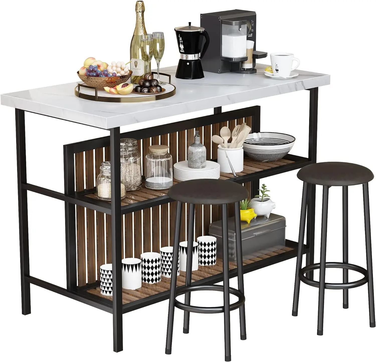 3 Piece Dinging Table Set, Faux Marble Room Table Set with 2-Tier Storage Shelves, Bar Table Set with Bar Stools, Kitchen