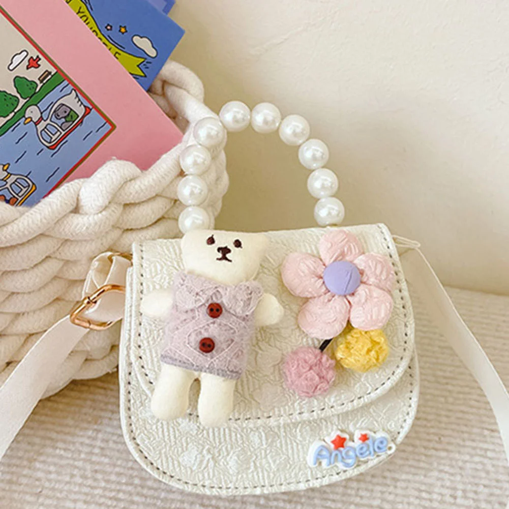 

Cute Bear Flower Crossbody Bag Pearl Handle Kids Princess Messenger Bag Portable Adjustable Strap Casual for Shopping