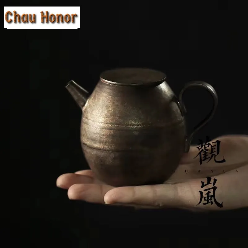 180ml Handmade Rough Pottery Teapot Zen Iron Rust Glazed Pot Household Tea Soaking Kettle with Ball Hole Cha Teaware Decoration