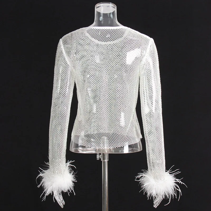 diamante brilhante malha perspectiva de fundo camisa strass brilhante oco net camisa feminina topo bling penas festa topos senhora