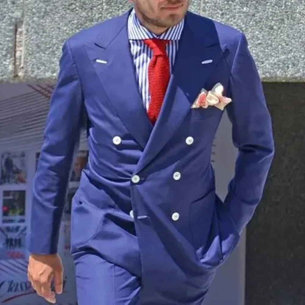 Blue Double Breasted Men Suit High Street Groom Tuxedo Slim Fit 2 Piece Custom Prom Blazer Terno Masculino Trajes Para Hombre