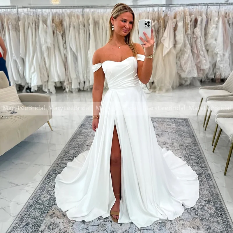 Customized High Slit Wedding Dress Off the Shoulder Straps A-line