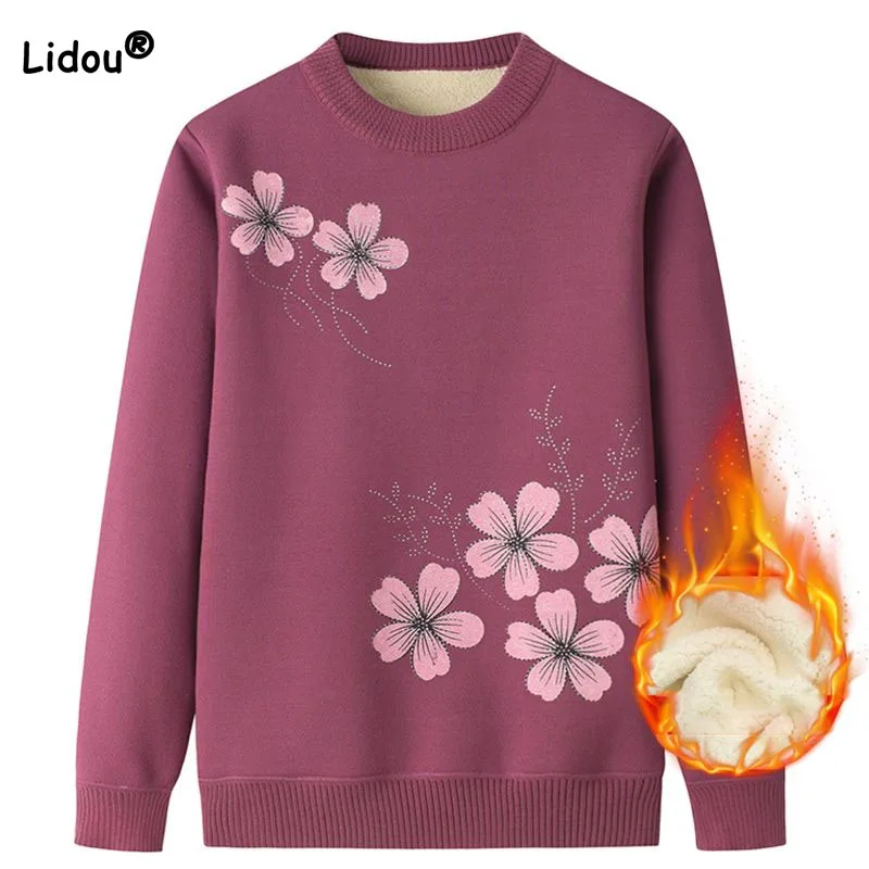 

Autumn Winter Lady Thickening Warm Floral Printing Sweaters Women's Clothing Commute Simplicity Round Neck Knitted Pullovers