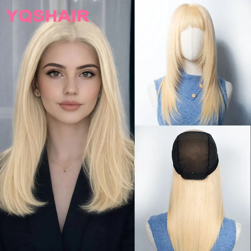 613    금발 생처녀 인모 스트레이트 풀 레이스 가발 실크 베이스 탑 PU 커버 여성용 자연스러운 두피