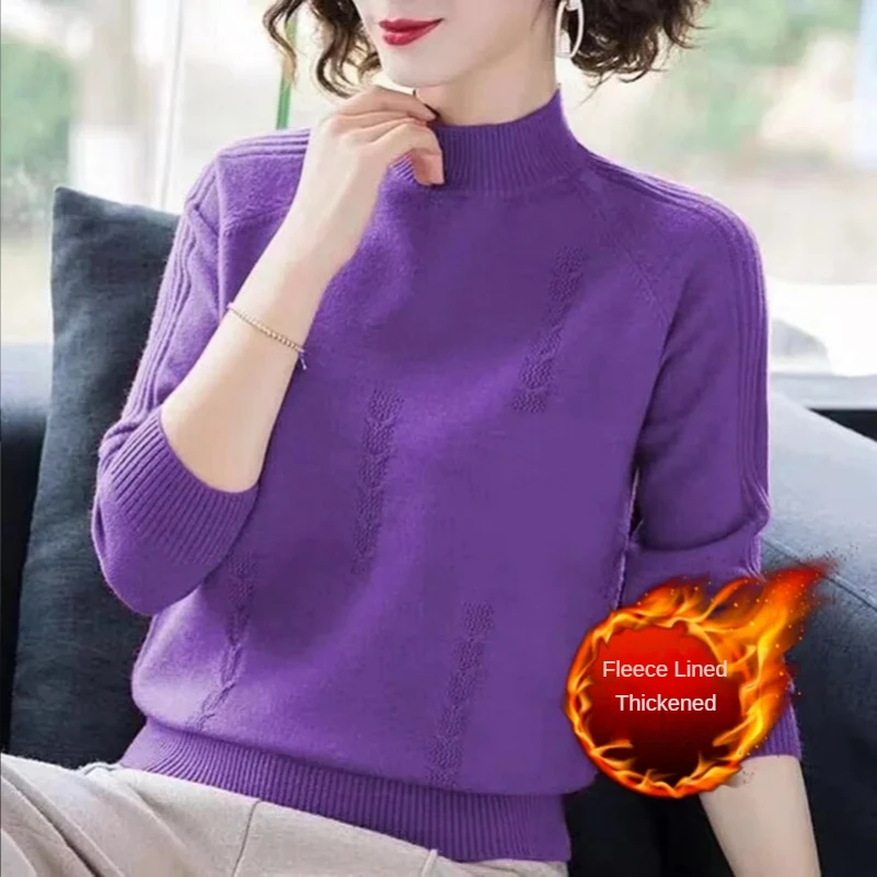 Winter Women Plus Velvet Thickening SweatersLadies Pullovers Long Sleeve  Mock Neck Knitted Pullovers Tops Loose Jumper Sweater - AliExpress