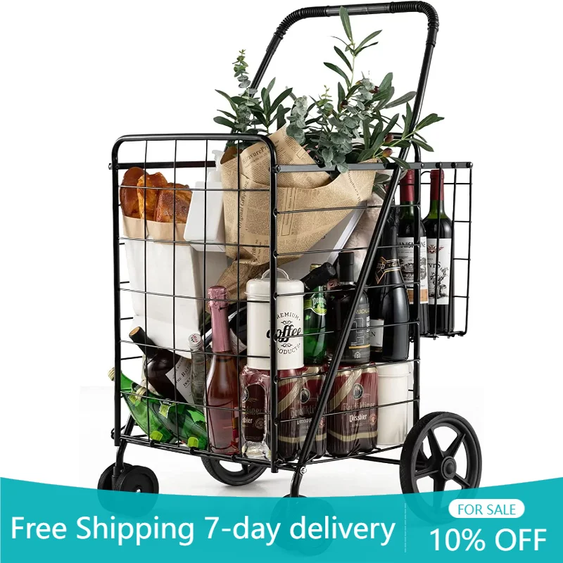 

Folding Shopping Cart with Swivel Wheels Jumbo Basket for Grocery Laundry Travel, Black Easy To Store and Carry