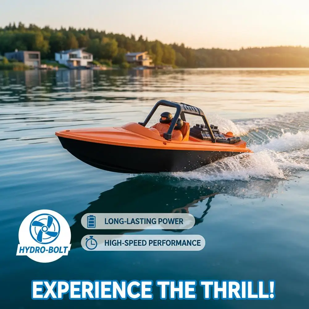 Bateau RC télécommandé vitesse élevée yacht jouet eau naviguant rapidement sur un lac ensoleillé