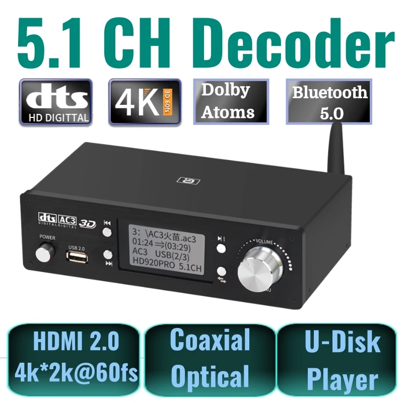 5.1ch Audio Decoder Bluetooth 5.0 Reciever Dac Dts Ac3 Dolby Atmos 4k