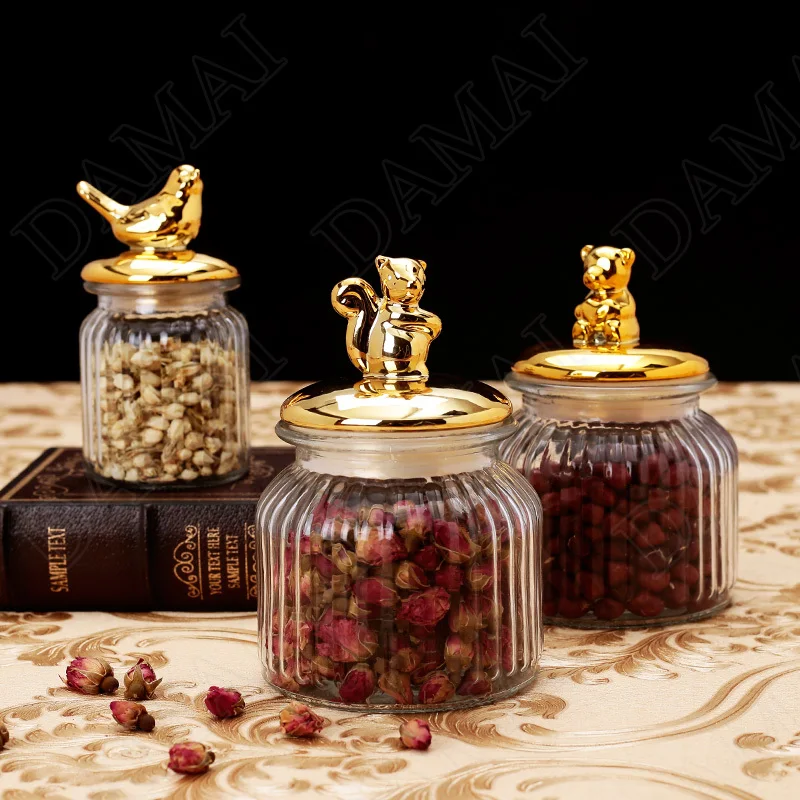 Golden Animal Decorative Storage Jar Sealed Glass Jars Spice Organizer Can Candy Container Dried Fruit Organizer Tea Canister 2