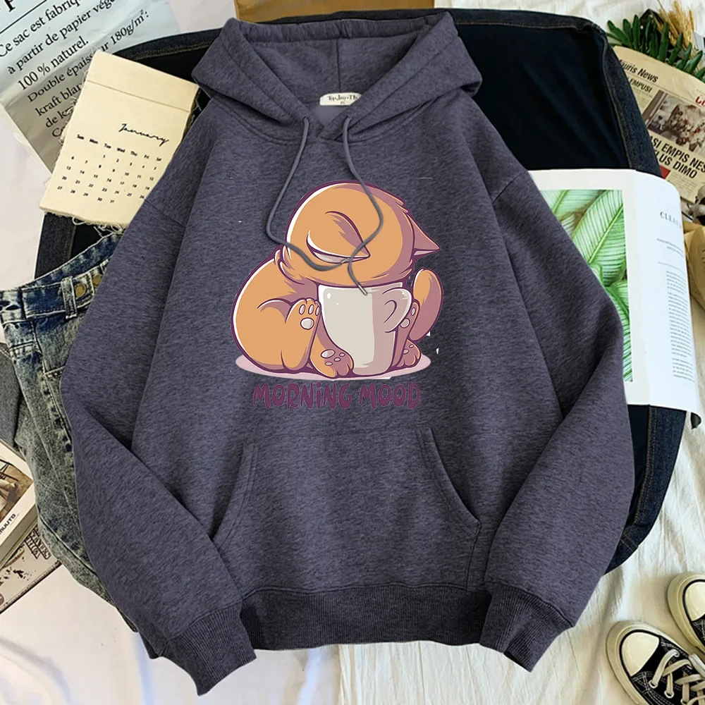 Cute Fox Printed Hooded Sweatshirts Women Plush Loose Casual Pullovers Big Pockets Autumn Winter Cartoon Hoodies Cartoon Coats