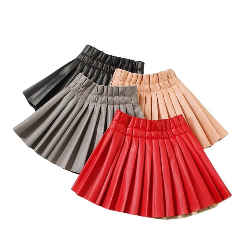 2-14Y Pleated PU Leather Skirt For Girls Fashion Solid Pink Mini Skirt Student Summer Elastic Waist Korean Girls Faldas