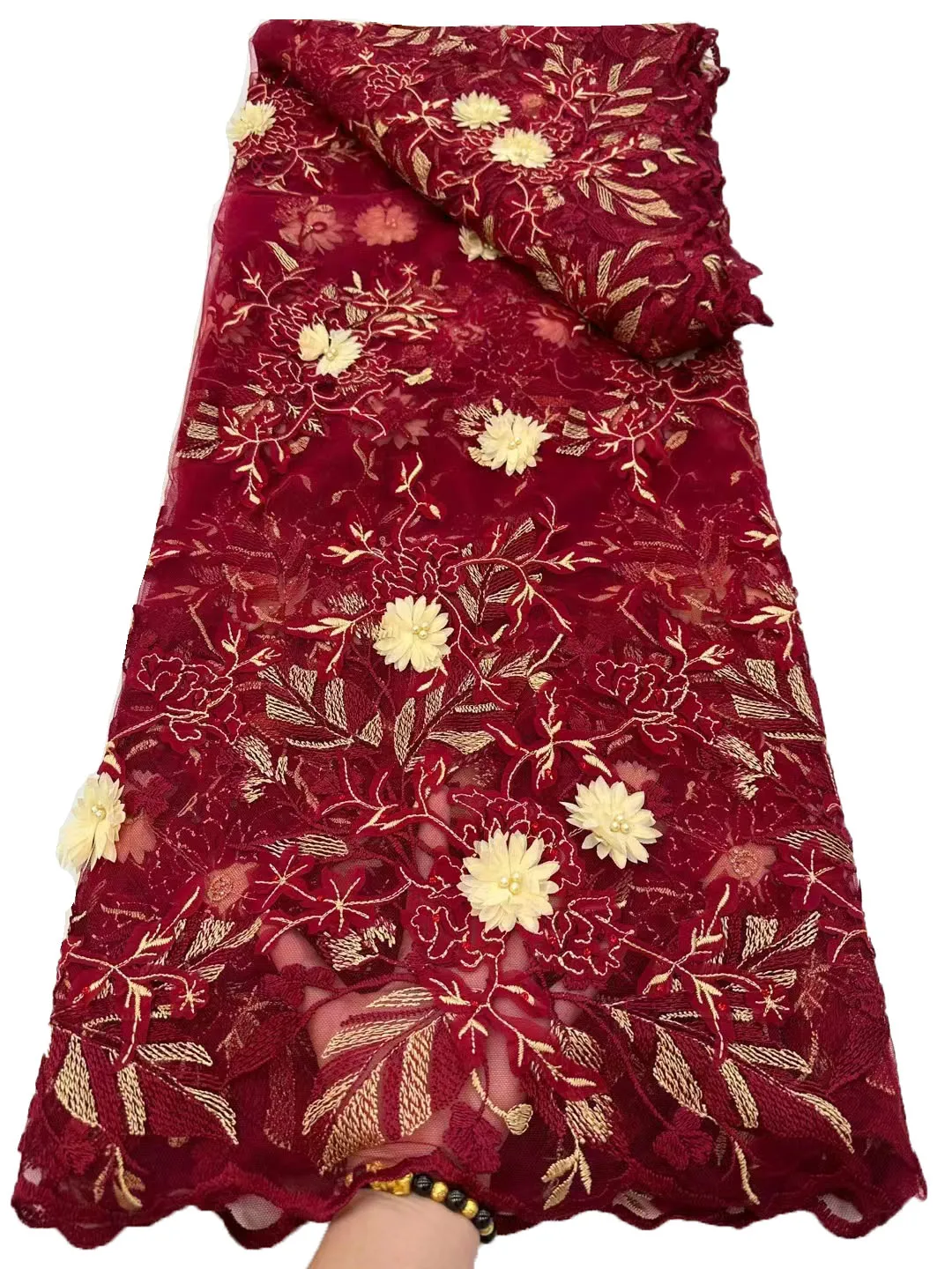 

New handmade three-dimensional 3D flowers beads embroidery lace, high-end African fashion dresses dresses
