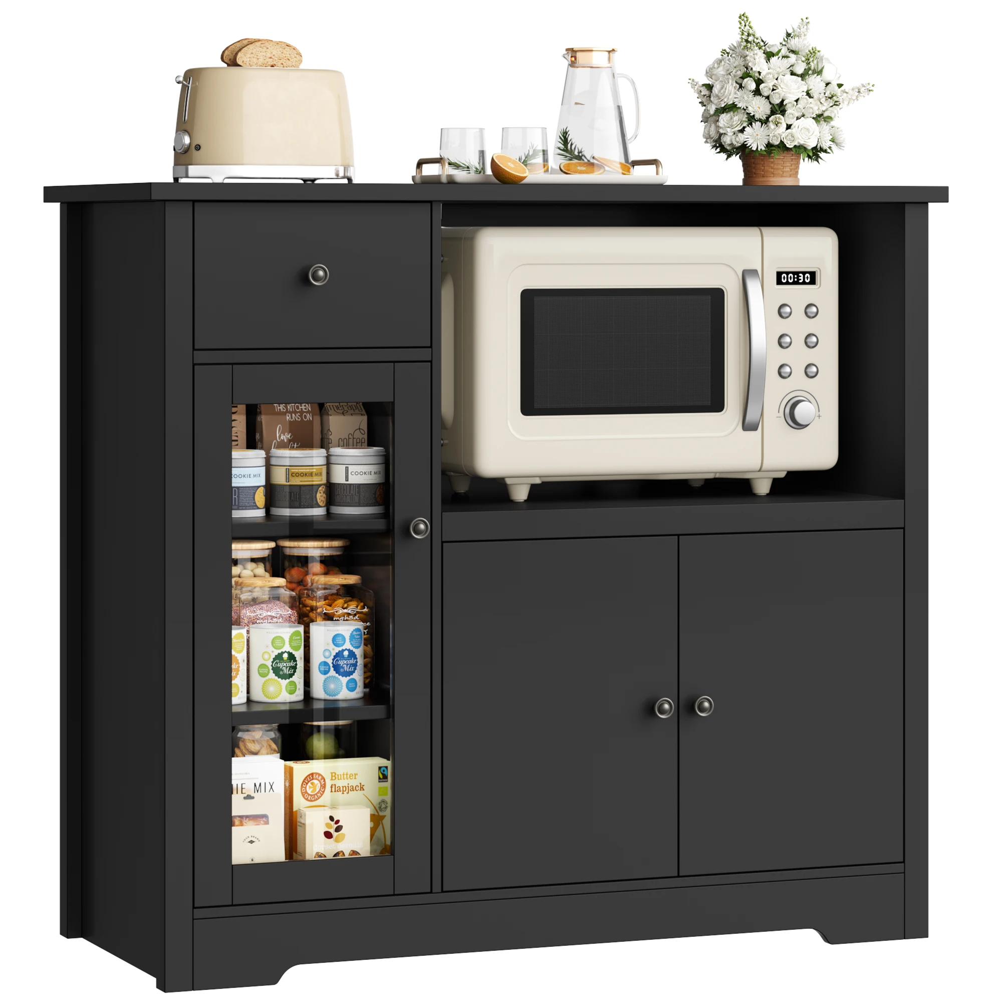 Kitchen wardrobe with Working plate, Sideboard kitchen with Microwave Shelf, Buffet wardrobe with 1 Drawers, 3 Door, Adjustable Shelf