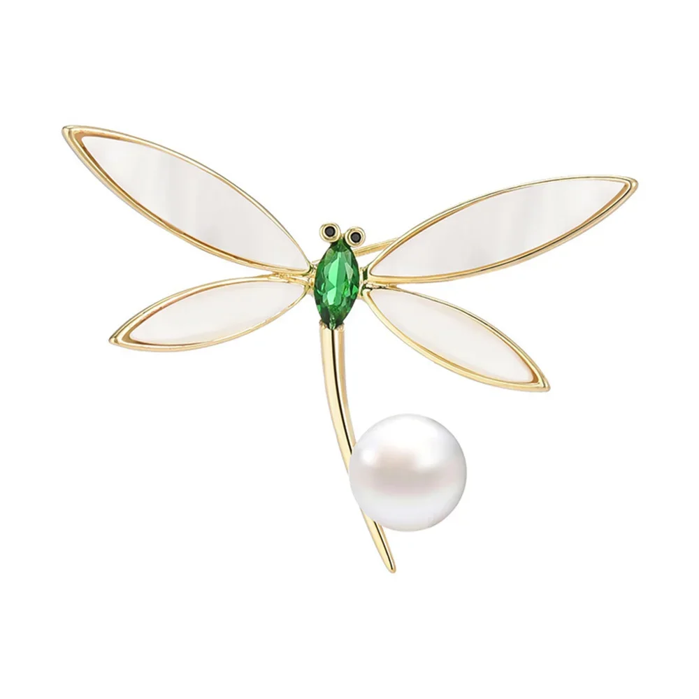 Fashionable Shell Dragonfly Brooch  Green Zircon Inlaid Insect Animal Pin for Women Girl Birthday Party Clothing Accessories