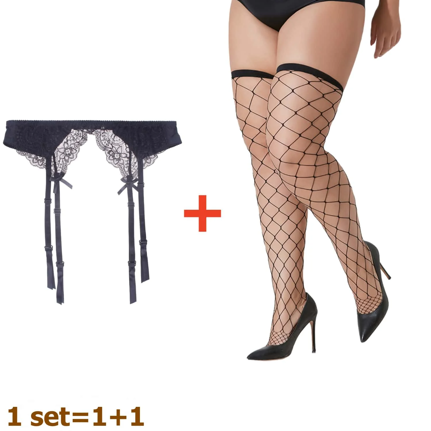 Black White Red Plus Size Women Lingerie Set Suspender Garter Belt with Sheer Lace Fishnet Stockings for Woman