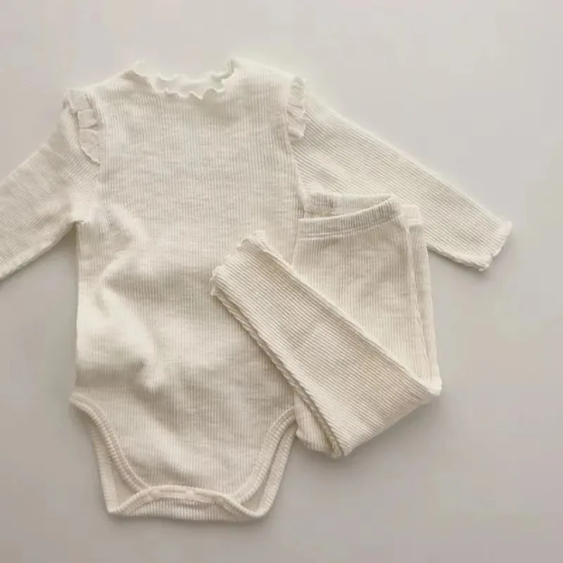 Pigiama per neonato in cotone tinta unita + leggings 2 pezzi pigiama per la casa per neonato e ragazza - immagine 3