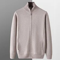 Hot Sale In Autumn And Winter 100% Wool Cardigan Men's Semi-High Collar Zipper Long Sleeve Business Casual Knitted Sweater Coat. 1