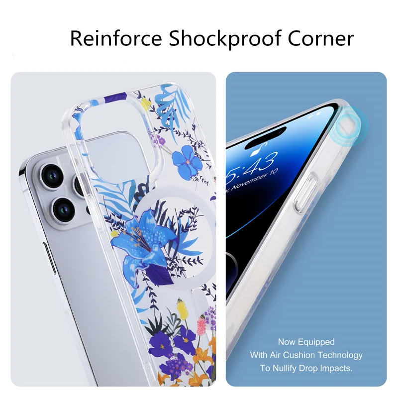 Transparente Magsafe-Hülle mit schönen Blumen für iPhone 16 Pro Max 15 14 13 12, dünne, harte, kabellose Ladeabdeckung aus Acryl, Funda 14Pro_voghion.com