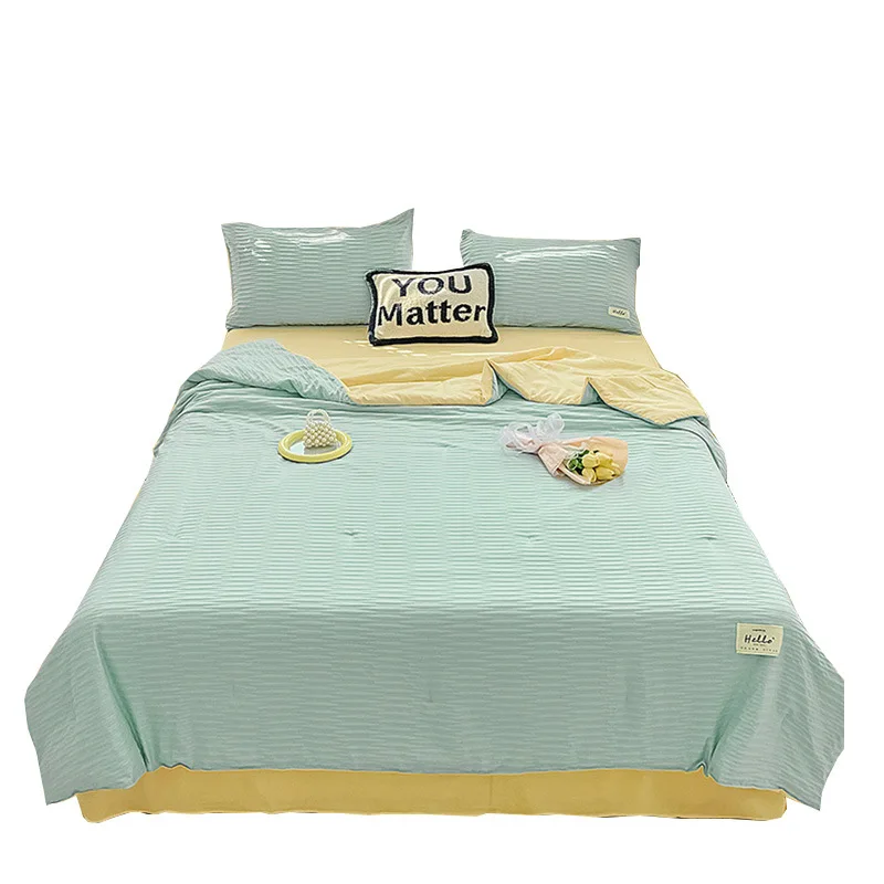 Korean Style Seersucker Washed Cotton Summer Quilt Four-Piece Set Bare Sleeping Quilt Summer Blanket Airable Cover summer quilt,summer quilt set,bed comforter